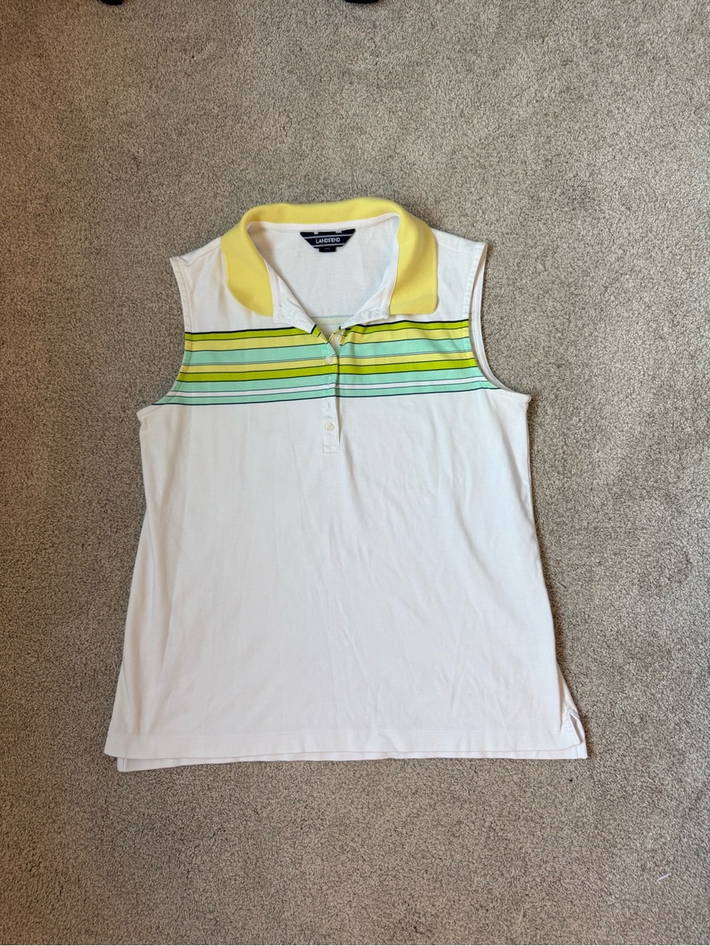 Lands end Womens M sleeveless golf shirt with green blue yellow stripes: Y2K
